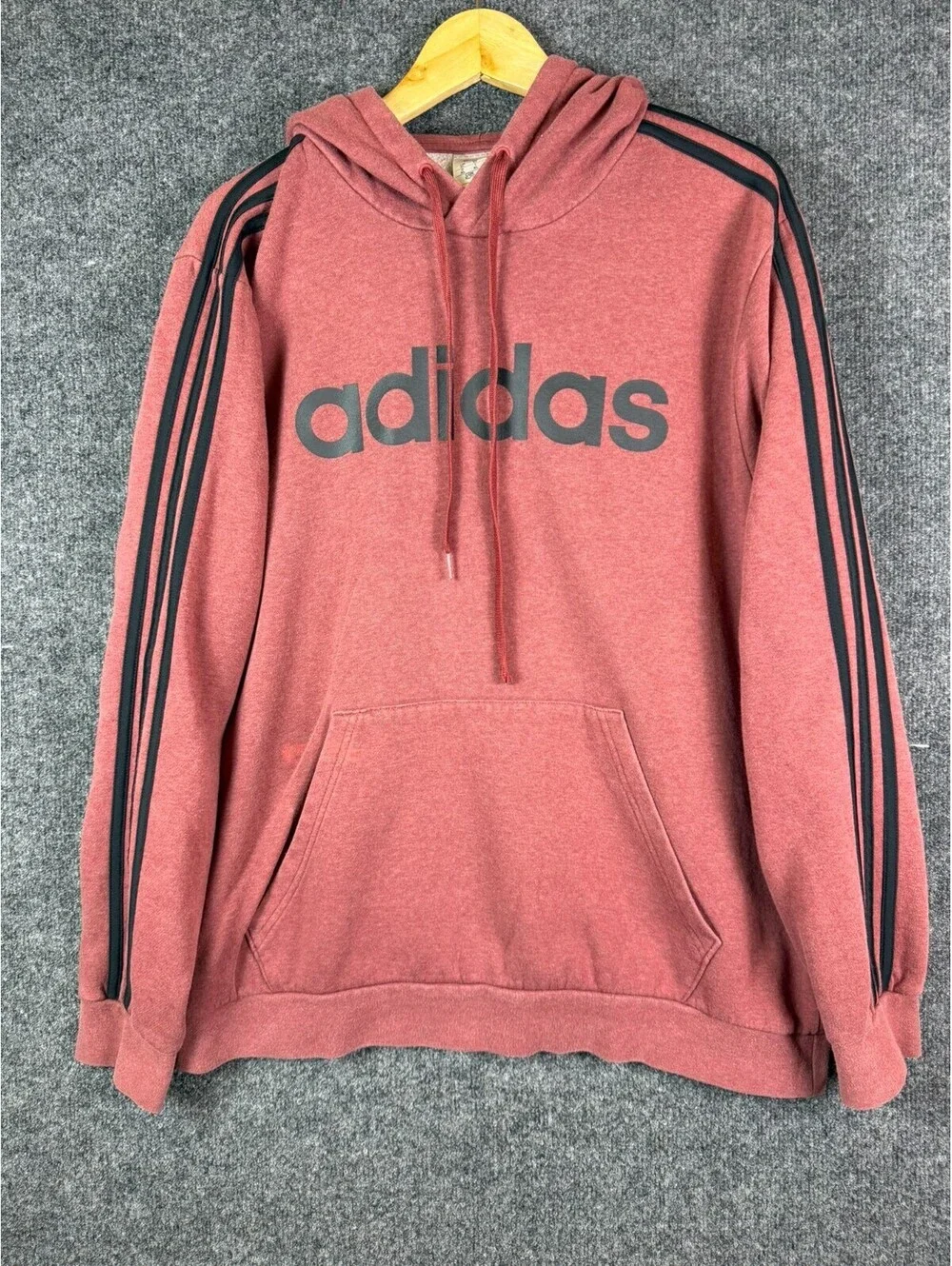 adidas Hoodie Mens XL Heather Red Maroon Black 3 Stripe Spellout Sweatshirt